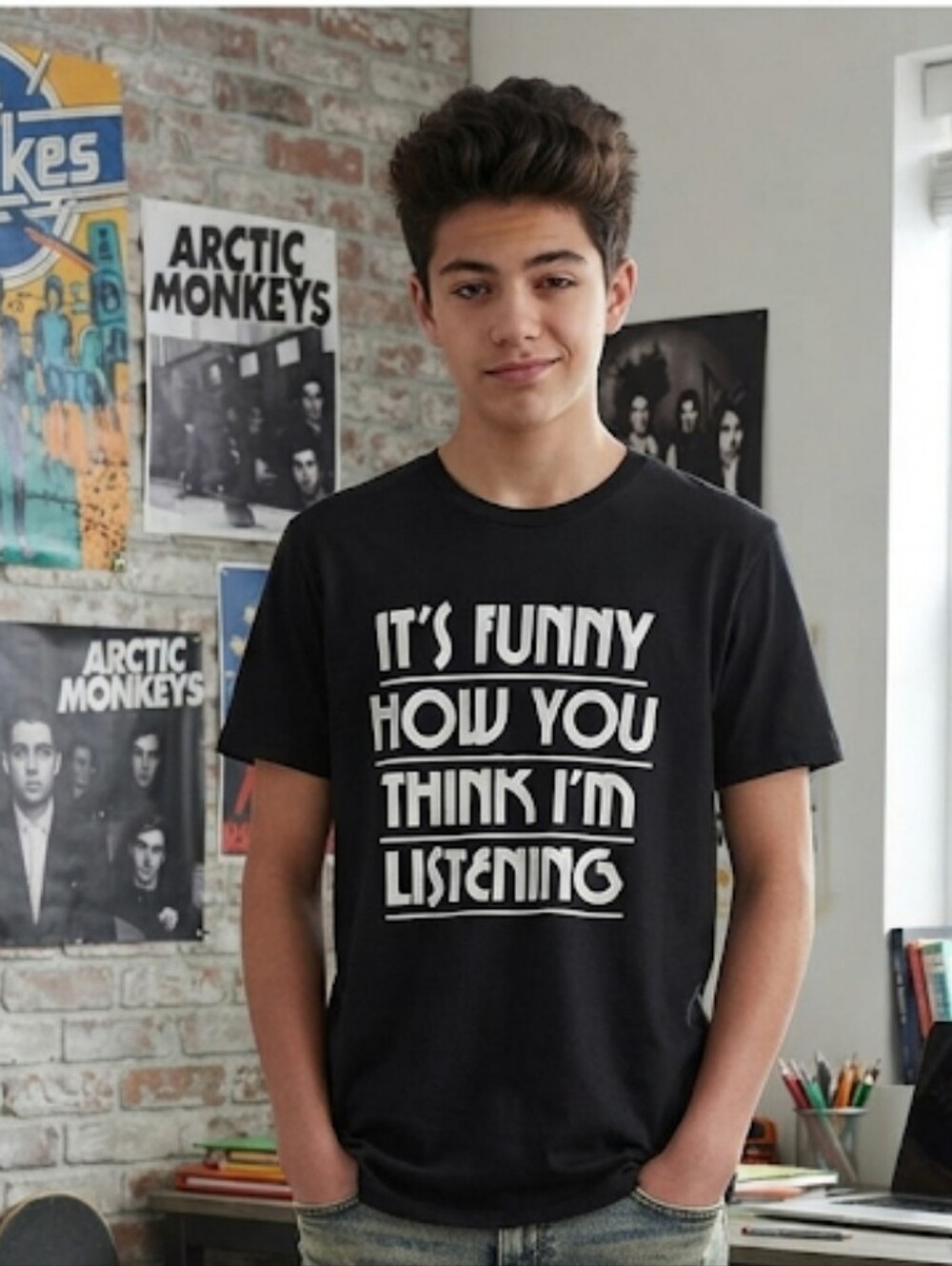 "It's Funny How You Think I'm Listening" Sarcastic Statement T-shirt Black Med